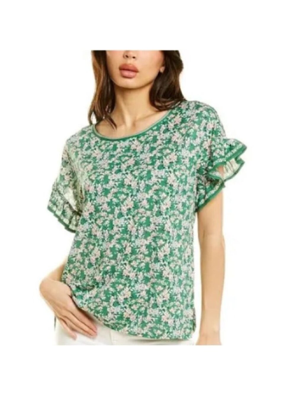 Max Studio Floral Green Sheer Blouse With Ruffle Short Sleeve Size 1X